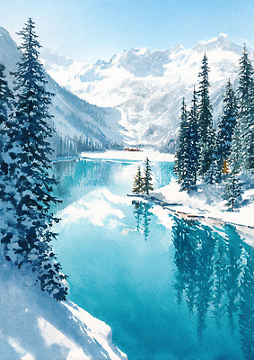 JPG 나무 호수 겨울 일러스트 자연 하늘 수채화 산 풍경 물 파란색 반사 맑음 숲 조용 국내일러스트 AI일러스트 AI콘텐츠 자연요소 식물 계절 컬러 날씨 생태계 파일형식