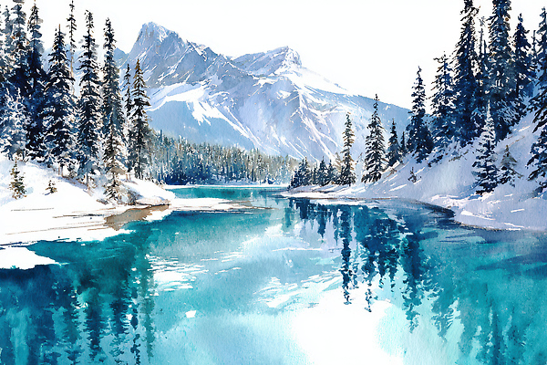 JPG 나무 호수 예술 컬러 겨울 일러스트 자연 하늘 수채화 산 풍경 물 강 맑음 국내일러스트 AI일러스트 AI콘텐츠 자연요소 식물 계절 날씨 생태계 파일형식