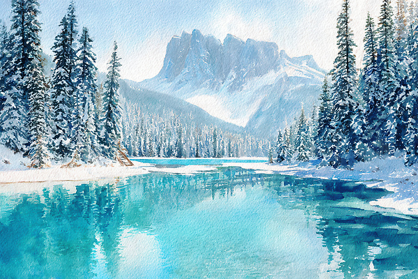 JPG 나무 호수 여행 겨울 일러스트 자연 하늘 수채화 산 풍경 물 파란색 강 숲 국내일러스트 AI일러스트 AI콘텐츠 자연요소 식물 계절 컬러 생태계 파일형식