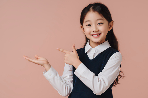 JPG 편집이미지 교복 어린이 포즈 백그라운드 손가락 모션 초등학교 서기 미소 웃음 소녀 가리킴 방향 단순화된 의료성형뷰티 편집실사 AI인물포토 AI콘텐츠 손 옷 여자 학교 표정 사람 손짓 CG 파일형식 AI포토