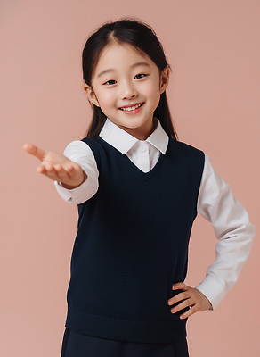 JPG 편집이미지 손 감정 교복 어린이 포즈 초등학교 미소 믿음 사진촬영 촬영 인사 조끼 손내밀기 의료성형뷰티 베이지색배경 편집실사 AI인물포토 AI콘텐츠 옷 백그라운드 학교 표정 사람 손짓 신체부위 외투 예절 CG 베이지색 파일형식 AI포토