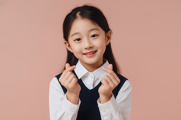 JPG 편집이미지 감정 교복 어린이 분홍색 포즈 백그라운드 손가락 초등학교 미소 웃음 소녀 흰색 하트 조끼 순간 의료성형뷰티 편집실사 AI인물포토 AI콘텐츠 모양 손 옷 여자 컬러 학교 표정 사람 외투 CG 파일형식 AI포토