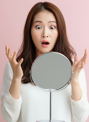 JPG 편집이미지 헤어스타일 여자 감정 표정 미소 일상 생활 놀람 거울 호기심 반응 순간 탈모 혼자 의료성형뷰티 분홍색배경 편집실사 AI인물포토 AI콘텐츠 분홍색 백그라운드 컨셉 사람 라이프 CG 증상 파일형식 AI포토