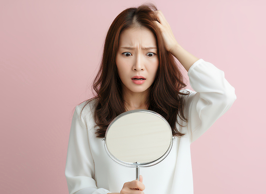 JPG 편집이미지 헤어스타일 여자 감정 분홍색 백그라운드 표정 화장 머리 놀람 거울 사건 불안 피부 반응 순간 탈모 의료성형뷰티 편집실사 AI인물포토 AI콘텐츠 컬러 사람 신체부위 뷰티 CG 증상 파일형식 AI포토