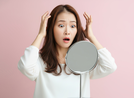 JPG 편집이미지 손 여자 감정 백그라운드 표정 생활 뷰티 반사 촬영 놀람 거울 일과 탈모 의료성형뷰티 편집실사 AI인물포토 AI콘텐츠 사람 신체부위 CG 증상 파일형식 AI포토