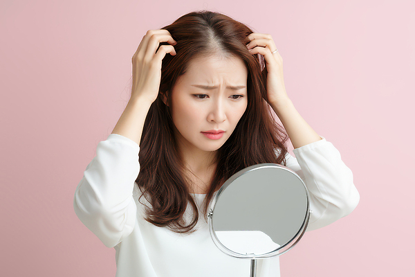 JPG 편집이미지 손 여자 감정 분홍색 표정 내부 반사 머리카락 머리 거울 불안 피부 고민 걱정 탈모 의료성형뷰티 편집실사 AI인물포토 AI콘텐츠 컬러 사람 신체부위 CG 증상 파일형식 AI포토