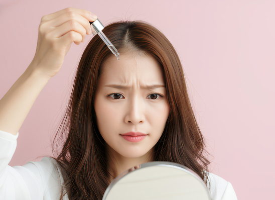 JPG 편집이미지 여자 관리 화장 뷰티 머리 거울 집중 피부 피부관리 화장대 헤어용품 이마 탈모 의료성형뷰티 세럼 분홍색배경 편집실사 AI인물포토 AI콘텐츠 분홍색 가구 백그라운드 컨셉 사람 신체부위 화장품 미용용품 CG 증상 파일형식 AI포토