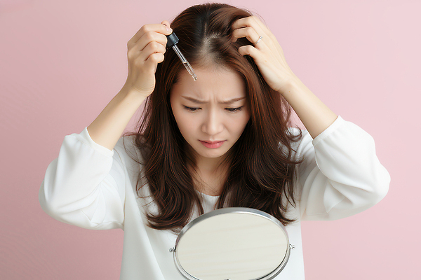 JPG 편집이미지 여자 분홍색 백그라운드 건강 치료 뷰티 머리카락 머리 화장품 거울 상품 피부 걱정 탈모 의료성형뷰티 편집실사 AI인물포토 AI콘텐츠 감정 컬러 의학 사람 신체부위 CG 증상 파일형식 AI포토