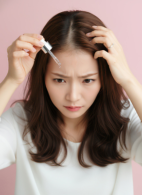 JPG 편집이미지 손 여자 표정 관리 뷰티 머리 화장품 액체 집중 피부 헤어용품 헤어관리 다듬기 스타일링 탈모 의료성형뷰티 분홍색배경 편집실사 AI인물포토 AI콘텐츠 분홍색 백그라운드 컨셉 모션 사람 신체부위 미용용품 CG 증상 파일형식 AI포토