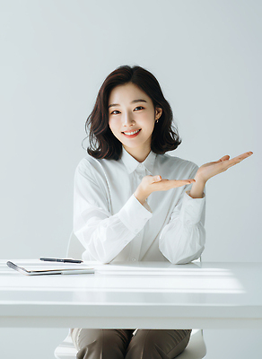 JPG 편집이미지 여자 백그라운드 비즈니스 탁자 미소 앉기 손짓 일상 사무실 사무용품 촬영 흰색 표현 시간 업무 분위기 의료성형뷰티 편집실사 AI인물포토 AI콘텐츠 컬러 가구 컨셉 모션 문구용품 표정 사람 라이프 작업 CG 파일형식 AI포토