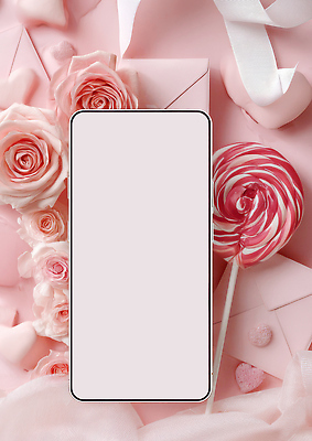 JPG 편집이미지 디자인 꽃 분홍색 컬러 백그라운드 발렌타인데이 사탕 사랑 장식 스마트폰 핸드폰 장미 중앙 셀프카메라 장면 위치 이미지편집 AI컴퓨터그래픽 AI콘텐츠 식물 감정 데이이벤트 디저트 전자제품 스마트기기 사진촬영 파일형식