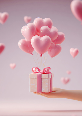 JPG 편집이미지 손 기념일 행복 감정 분홍색 백그라운드 발렌타인데이 선물 사랑 이벤트 상자 하트 축하 생일 장면 풍선 이미지편집 AI컴퓨터그래픽 AI콘텐츠 모양 컬러 컨셉 데이이벤트 신체부위 파일형식