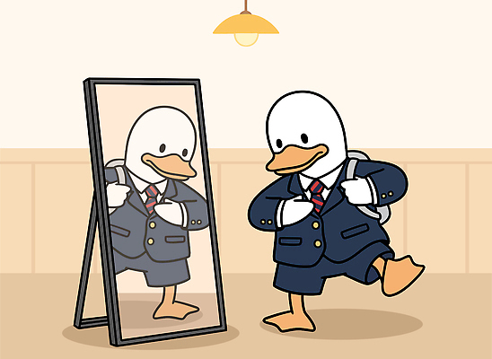 주간 잡화 옷 교육 컨셉 비즈니스 모션 조류 사람 신체부위 출퇴근 파일형식 벡터 오리 거울 정장 방 가방 조명 발 입장 관찰 준비 패션 아기 캐릭터 귀여움 단정 사무실 출근 아침 일러스트 국내일러스트 AI파일 입학 신학기