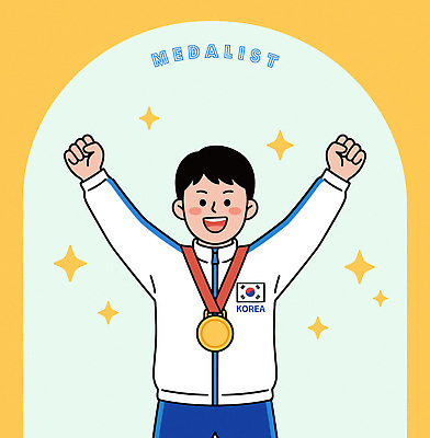 감정 아시아 스포츠 컬러 올림픽 컨셉 최고 메달 파일형식 벡터 금메달 한국 결과 축하 기쁨 우승 운동선수 경쟁 응원 성공 기념 백그라운드 노란색 모션 국내일러스트 AI파일 일러스트 동계올림픽