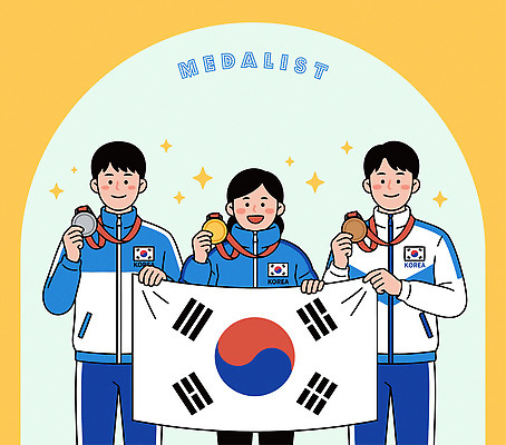 감정 아시아 스포츠 올림픽 컨셉 최고 상_우승 국민 상_상패 파일형식 벡터 한국 운동선수 메달 국기 대회 기념 성공 자랑 경기 협력 응원 트로피 결과 기쁨 노력 연습 우승 시민 축하 국내일러스트 AI파일 일러스트 동계올림픽