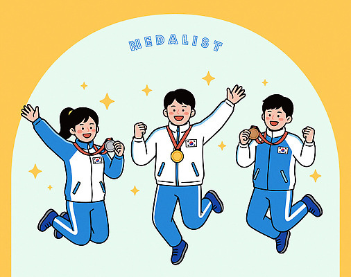 감정 아시아 스포츠 올림픽 컨셉 관계 모션 건강 사람 최고 상_상패 파일형식 벡터 한국 운동선수 메달 기쁨 점프 수여식 축하 우승 협력 응원 성공 청소년 운동 경쟁 친구 그룹 즐거움 국내일러스트 AI파일 일러스트 동계올림픽