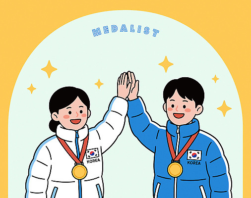 감정 아시아 스포츠 컬러 올림픽 컨셉 신체부위 상_상패 파일형식 벡터 한국 운동선수 메달 수상_상을받음 기념 손 기쁨 성공 백그라운드 노란색 모션 협력 축하 목표 상징 만남 국내일러스트 AI파일 일러스트 동계올림픽