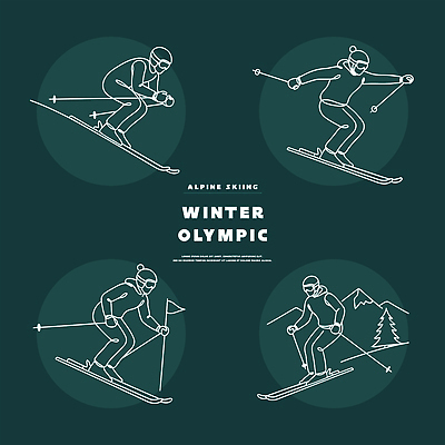 자연요소 식물 계절 선 스포츠용품 스포츠 올림픽 컨셉 스키 파일형식 벡터 알파인스키 운동선수 경기 스키타기 포즈 나무 얼음 겨울 야외 모션 경쟁 스키장비 온도 흐름 방향 국내일러스트 AI파일 일러스트 라인아트 동계올림픽