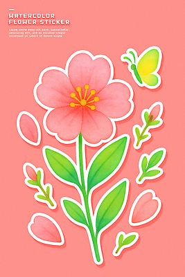 식물 컬러 곤충 컨셉 생태계 파일형식 꽃 나비 스티커 백그라운드 분홍색 디지털 디자인 색칠 화초 자연 예술 장식 그래픽 화려 일러스트 국내일러스트 PSD 수채화