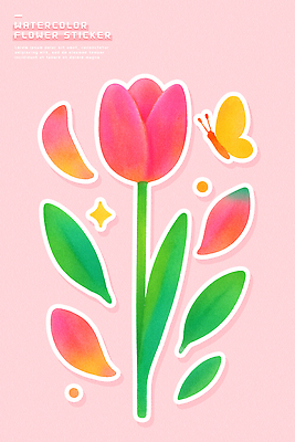 식물 꽃 컬러 곤충 미술도구 생태계 파일형식 물감 튤립 나비 스티커 백그라운드 분홍색 잎 디자인 그림 자연 그래픽 예술 장식 상징 심볼 일러스트 국내일러스트 PSD 수채화