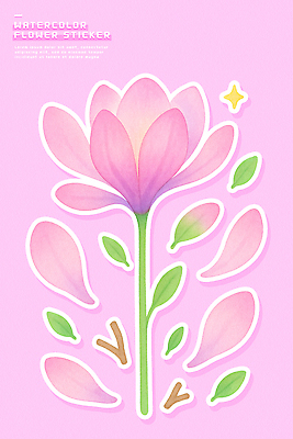 식물 꽃 컬러 컨셉 무늬 미술도구 오브젝트 파일형식 스티커 분홍색 보라색 물감 디자인 백그라운드 잎 꽃잎 단순화된 매력적 그림 장식 자수 패턴 창작 기념품 장난감 일러스트 국내일러스트 PSD 수채화