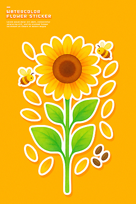 도형 식물 계절 꽃 컬러 미술도구 생태계 파일형식 해바라기 스티커 노란색 백그라운드 그림 디자인 자연 여름 원형 씨앗 꽃잎 채소 벌집 물감 일러스트 국내일러스트 PSD 수채화