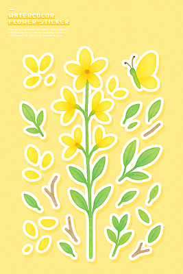 식물 컬러 곤충 문화예술 생태계 파일형식 꽃 스티커 노란색 나비 디자인 잎 수채화 예술 장식 자연 백그라운드 모양 미술 일러스트 국내일러스트 PSD