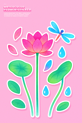 식물 꽃 컬러 곤충 문화예술 생태계 파일형식 연꽃 물방울 잠자리 스티커 수채화 그림 백그라운드 분홍색 잎 초록색 자연 미술 디자인 장식 창의성 예술 일러스트 국내일러스트 PSD