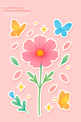 식물 꽃 컬러 곤충 학용품 생태계 파일형식 나비 스티커 수채화 분홍색 디자인 자연 그림 예술 장식 백그라운드 꽃잎 잎 색연필 그래픽 디지털아트 일러스트 국내일러스트 PSD