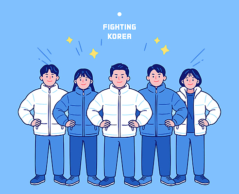 감정 아시아 스포츠 컬러 올림픽 컨셉 관계 모션 운동선수 숫자 외투 파일형식 벡터 한국 응원 점퍼 협력 그룹 파란색 백그라운드 표정 소통 믿음 연대 패션 친구 5 사람 국내일러스트 동계올림픽 AI파일 일러스트 파이팅 국가대표