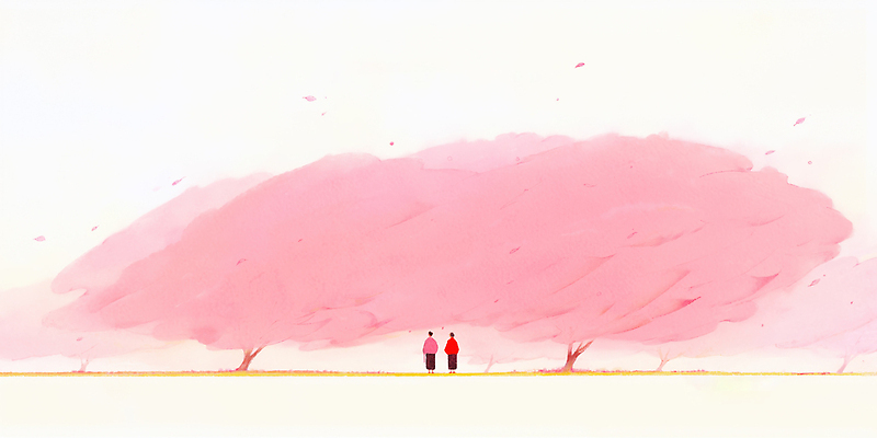 JPG 나무 커플 꽃잎 꽃 여유 일러스트 자연 바람 사랑 풍경 두명 친구 봄 산책 벚꽃 시골 소통 나란히 만개 국내일러스트 AI일러스트 AI콘텐츠 자연요소 식물 계절 감정 컨셉 관계 날씨 휴식 사람 생태계 파일형식
