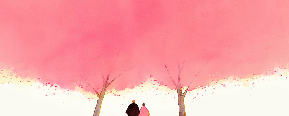 JPG 나무 계절 꽃잎 꽃 일러스트 자연 하늘 함께함 사랑 사람 풍경 일상 친구 걷기 봄 산책 벚꽃 도시 소중 국내일러스트 AI일러스트 AI콘텐츠 식물 감정 컨셉 관계 모션 휴식 라이프 생태계 파일형식