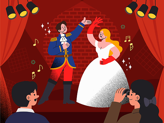 시선 드레스 여자 남자 문화 예술 음악 일러스트 노래 모션 조명 손짓 여러명 공연 감상 무대 연기 군중 공연장 반응 주목 국내일러스트 AI파일 옷 다수 문화예술 사람 이벤트 극장 파일형식 벡터