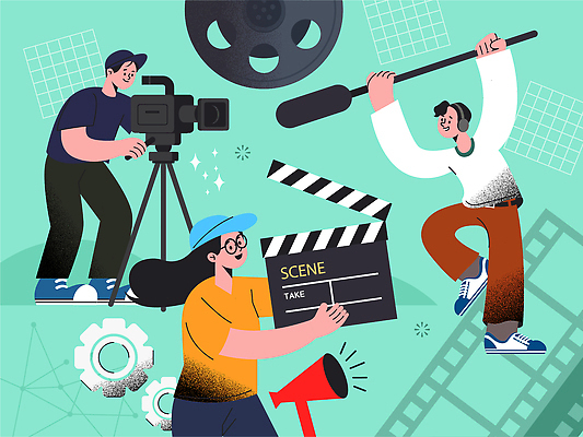 음악 일러스트 조명 사람 카메라 촬영 소리 장비 작업 배우 감독 클래퍼보드 영화 마이크 준비 장면 조정 국내일러스트 AI파일 직업 음향기기 문화예술 전자제품 수상스포츠 연예인 파일형식 벡터