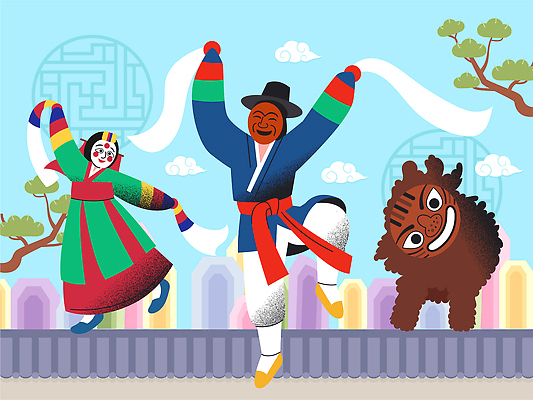 캐릭터 전통 옷 리본 문화 컬러 포즈 일러스트 한국 회화 사람 이벤트 축제 공연 축하 춤 화려 즐거움 연극 사자탈 국내일러스트 AI파일 감정 아시아 컨셉 문화예술 말하기 탈 파일형식 벡터