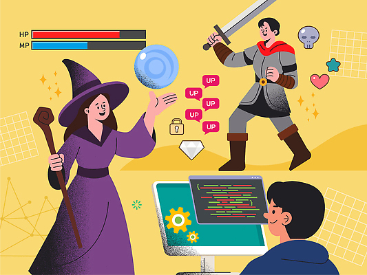 캐릭터 일러스트 그래픽 컴퓨터 스크린 마법사 게임 칼 코드 공격 전쟁 전사 아이템 레벨업 마법구슬 소프트웨어 역할 프로그래머 코딩 국내일러스트 AI파일 직업 모션 놀이 전자제품 컴퓨터교육 파일형식 벡터