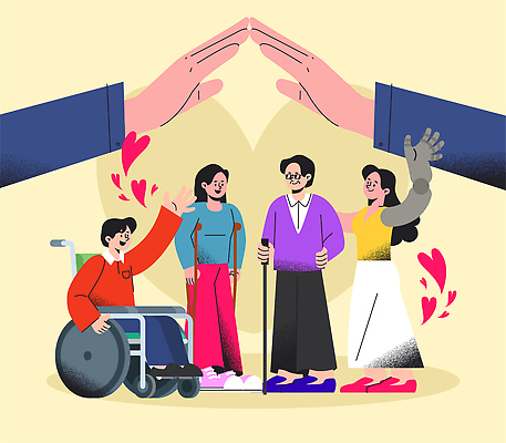 손 상징 신체 일러스트 지팡이 협력 따뜻함 사랑 안전 사람 우정 표현 도움 장애인 휠체어 감사 소통 공동체 연대 지원 포용 국내일러스트 AI파일 감정 컨셉 신체부위 친구 장애 파일형식 벡터