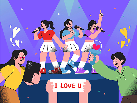 여자 남자 음악 컬러 일러스트 노래 조명 사랑 소녀 친구 스마트폰 콘서트 공연 에너지 무대 하트 춤 군중 즐거움 반응 국내일러스트 AI파일 모양 감정 어린이 관계 문화예술 사람 이벤트 핸드폰 스마트기기 파일형식 벡터