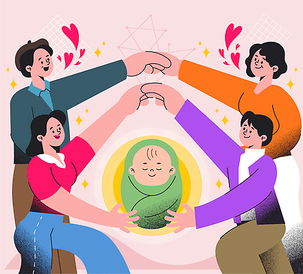 손 행복 감정 상징 일러스트 가족 모션 협력 사랑 여러명 친구 모임 육아 표현 아기 중앙 보호 연결 장면 소통 지원 국내일러스트 AI파일 다수 컨셉 관계 사람 신체부위 파일형식 벡터