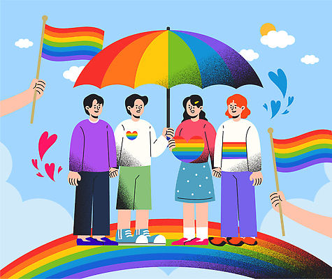 기념일 행복 컬러 무지개 일러스트 우산 사랑 웃음 이벤트 여러명 축제 다양 만남 자유 깃발 그룹 즐거움 소통 공동체 연대 포용 국내일러스트 AI파일 자연요소 감정 다수 컨셉 표정 사람 파일형식 벡터