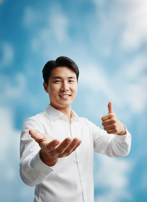 JPG 편집이미지 손 남자 백그라운드 모션 하늘 표정 밝음 미소 사람 손짓 엄지손가락 분위기 위치 긍정적 은혜 의료성형뷰티 편집실사 AI인물포토 AI콘텐츠 감정 컨셉 손가락 신체부위 CG 파일형식 AI포토