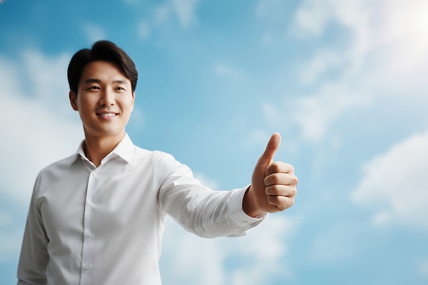 JPG 편집이미지 손 남자 감정 자연 하늘 표정 밝음 웃음 기쁨 엄지손가락 긍정 소통 은혜 의료성형뷰티 Outdoors 편집실사 AI인물포토 AI콘텐츠 컨셉 손가락 사람 신체부위 CG 생태계 파일형식 AI포토