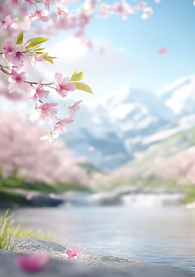 JPG 나무 편집이미지 꽃잎 꽃 분홍색 자연 하늘 바람 산 풍경 물 빛 강 벚꽃 강가 편집실사 AI포토 AI콘텐츠 자연요소 식물 컬러 날씨 CG 생태계 파일형식