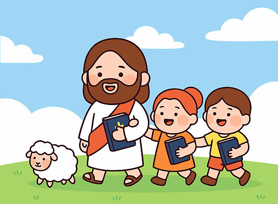 감정 종교 컨셉 종교용품 포유류 관계 모션 표정 사람 야외활동 신_종교 파일형식 벡터 예수 양 걷기 초원 하늘 웃음 성경 책 동화 친구 풍경 어린이 소풍 만남 이야기 즐거움 믿음 일러스트 국내일러스트 AI파일 천주교 기독교