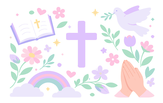 자연요소 식물 감정 종교 컨셉 조류 신체부위 생태계 파일형식 벡터 십자가 비둘기 기도 손 꽃 무지개 희망 평화 자연 장면 컬러 상징 뷰티풀 하늘 사랑 긍정 일러스트 국내일러스트 AI파일 기독교