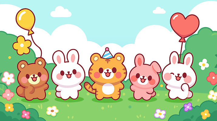 동물 기념일 감정 컬러 컨셉 포유류 표정 이벤트 반려동물 파일형식 벡터 생일 파티 축하 곰 토끼 분홍색 풍선 초원 귀여움 모임 즐거움 동화 웃음 행복 테마 일러스트 국내일러스트 AI파일 호랑이