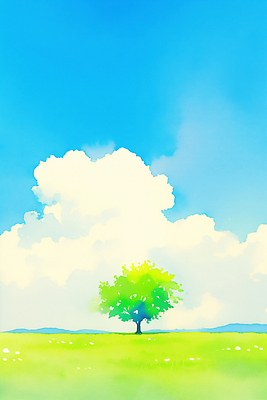 JPG 나무 식물 구름 일러스트 자연 하늘 풍경 잔디 초원 일상 초록색 여름 파란색 태양 봄 흰색 시골 국내일러스트 AI일러스트 AI콘텐츠 자연요소 계절 컬러 라이프 생태계 파일형식