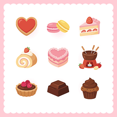 모양 음식 컬러 일러스트 딸기 디저트 발렌타인데이 요리 쿠키 과자 케이크 초콜릿 하트 달콤 컵케이크 마카롱 롤케이크 커스터드 타르트 국내일러스트 AI파일 빵 과일 데이이벤트 맛 크림 파이_빵 파일형식 벡터