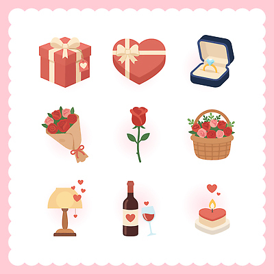 모양 기념일 꽃다발 일러스트 초 탁자 열쇠 발렌타인데이 선물 사랑 이벤트 장식 선물상자 장미 파티 와인 하트 반지 생일 기념품 국내일러스트 AI파일 꽃 감정 가구 장신구 데이이벤트 주류 상자 오브젝트 파일형식 벡터