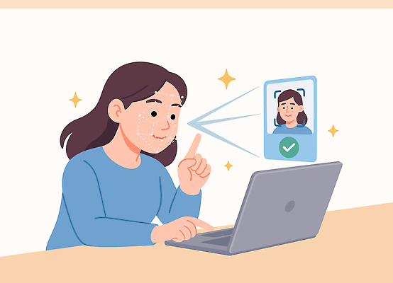 일러스트 모션 기술 사람 컴퓨터 사무실 사각형 스크린 모니터 자료 과학기술 정보 작업 확인 방법 생체인식기술 소프트웨어 인증 입력 얼굴인식 사용자 국내일러스트 AI파일 도형 컨셉 비즈니스 전자제품 파일형식 벡터